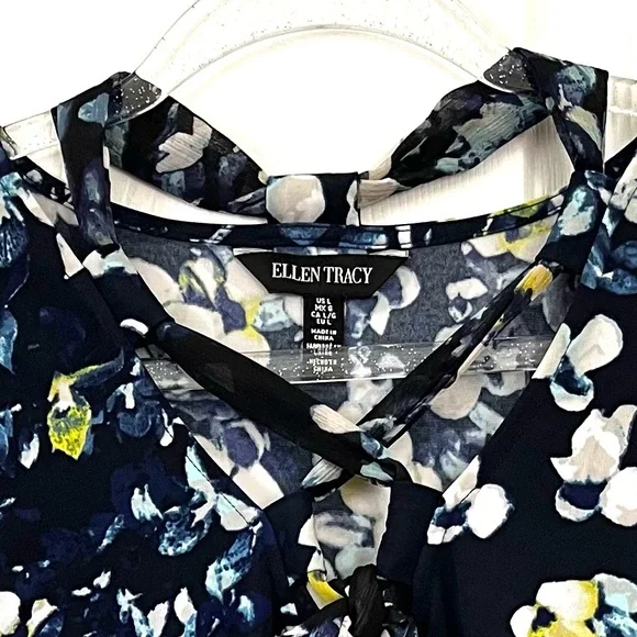 Ellen Tracy Blue Trellis Blossom Ink Tie Neck Top Sleeveless sz Large - Picture 9 of 15